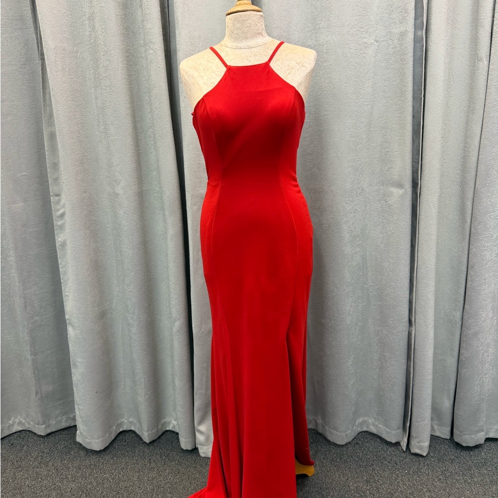 POLY red floor length gown